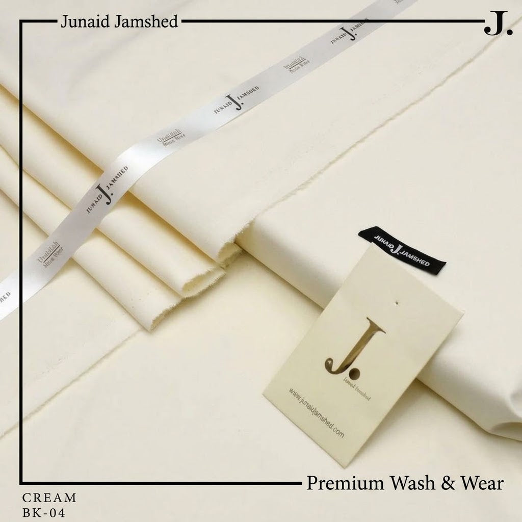 Junaid Jamshed Cream Tropical Premium Wash & Wear – Men’s Unstitched Four-Season Suit 2026