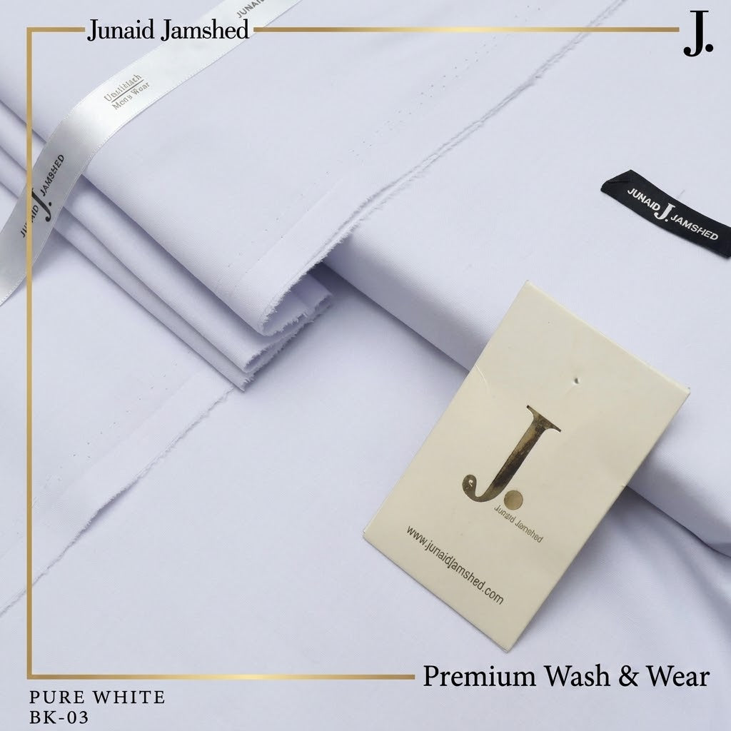Junaid Jamshed Pure White Tropical Premium Wash & Wear – Men’s Unstitched Four-Season Suit 2026